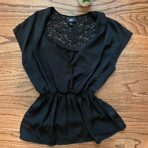 Black Silky Blouse Cap Sleeves Gathered Waist Elastic XS Lace Sheer Back